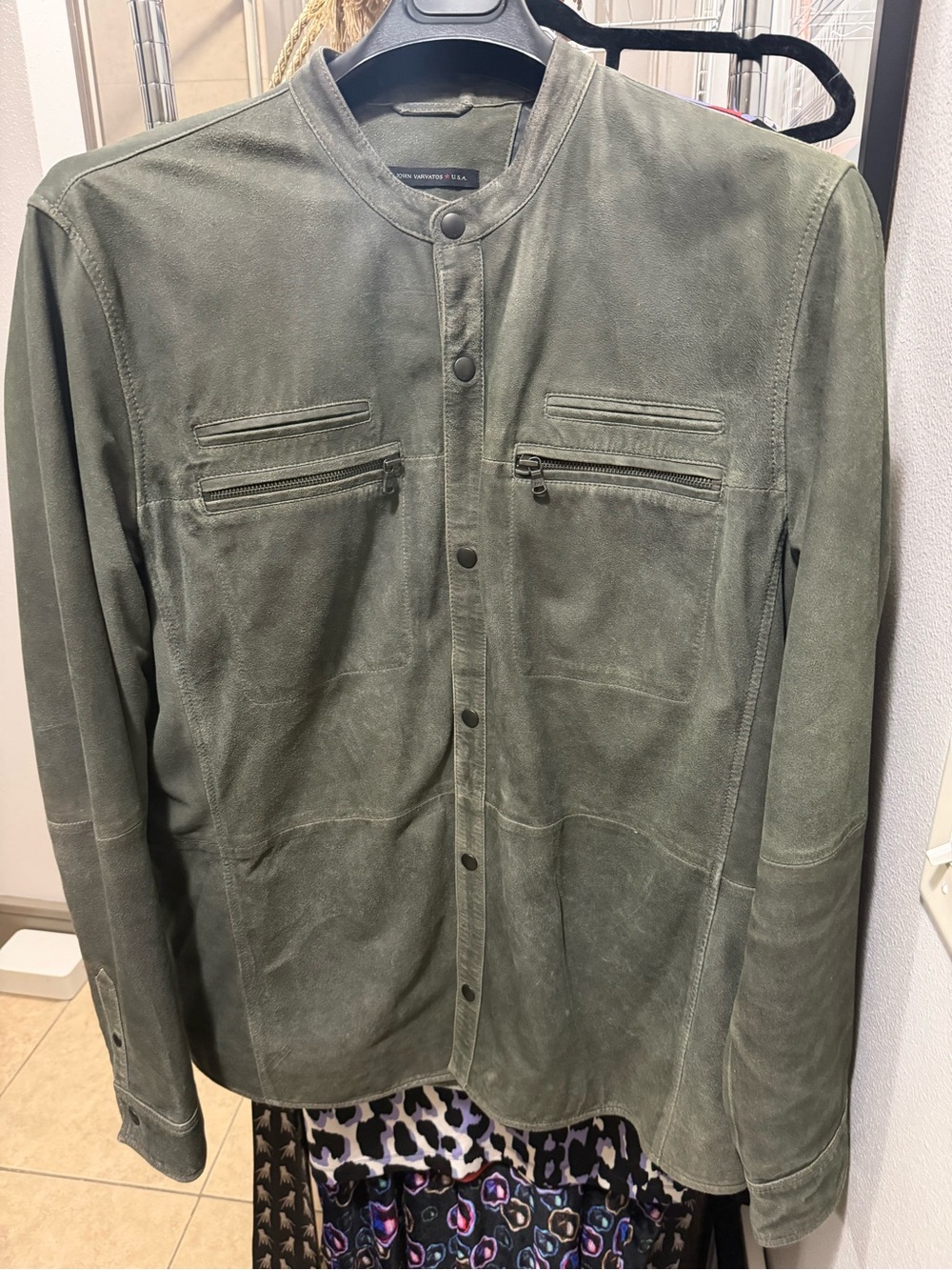 John Varvatos 100% Goat Skin Olive/Sage/Kadd Color CoSnap-Front Shirt Jacket